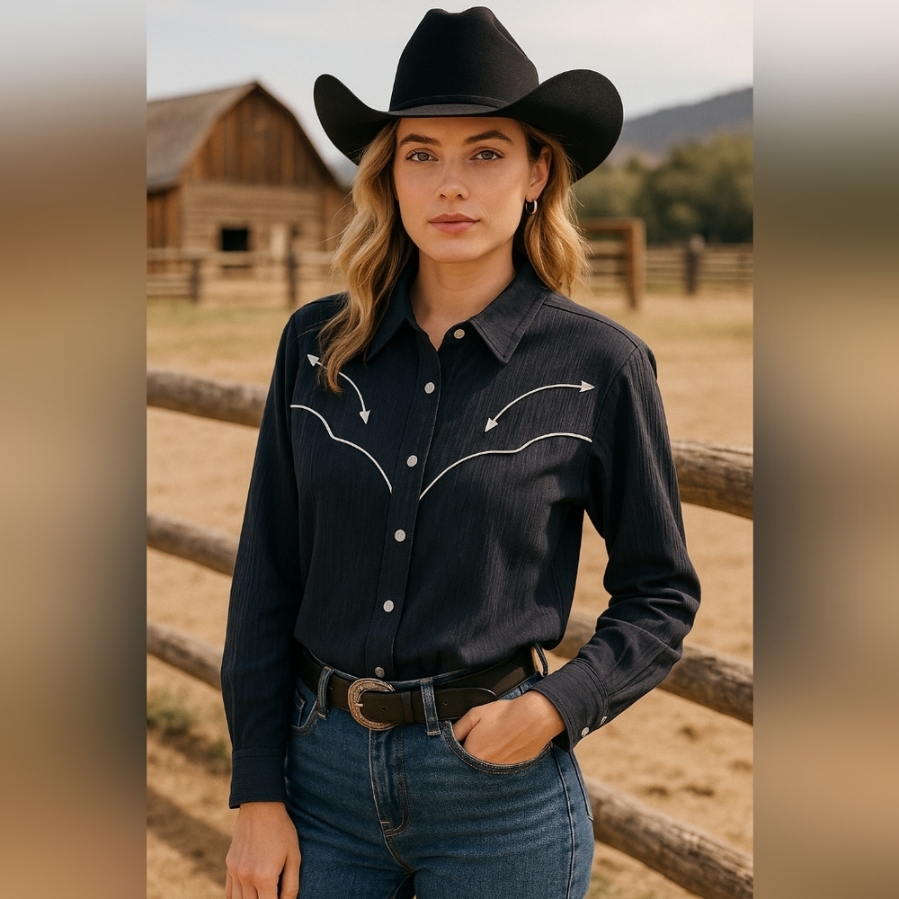 Vtg Lilia Smitty Western Shirt M Black Crinkle Blouse Arrow Embroidery Cowboy